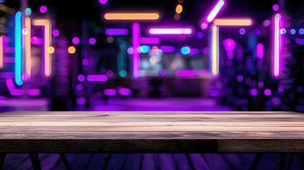 Poster - Vibrant Neon Lights Background with Wooden Table for Stylish Interior Design and Creative Conceptual Workspaces