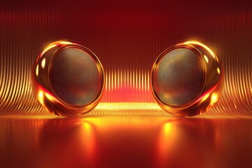 Fototapete - 3D speakers emitting vibrant light waves in a futuristic setting with warm tones and dynamic background elements. Generative AI