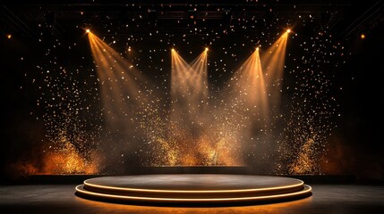 Poster - Dramatic Stage Setup with Circular Platform and Golden Spotlight Effects for Performance, Concert, or Event with Shimmering Golden Particles in Background