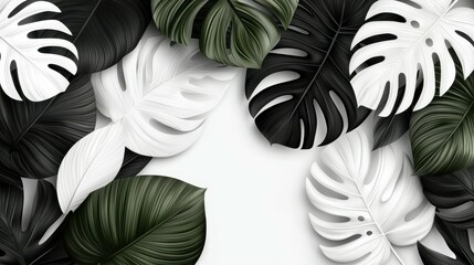 Poster - An artistic arrangement of green and white tropical leaves on a neutral background.