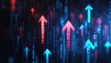 Poster - Abstract technology background with glowing arrows in red and blue colors, representing growth, progress, and digital transformation in a futuristic environment
