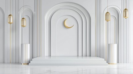 Poster - elegant minimalist interior design featuring arched structures, soft lighting, and decorative elemen