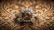 © chokdeelaw - A cushion-cut dark brown diamond surrounded by delicate floral patterns and gold accents on a rich velvet background, set against a warm and intimate atmosphere , cushion cut, precious stones