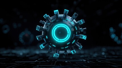 Poster - Futuristic Blue Sphere with Energy Pulses in a Dark Digital Environment Showcasing Abstract Technological Elements and Vibrant Light Effects