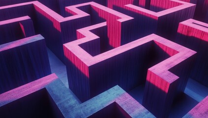 Poster - Abstract three-dimensional maze structure with glowing neon edges and intricate patterns in vibrant purple and blue hues creating a surreal atmosphere