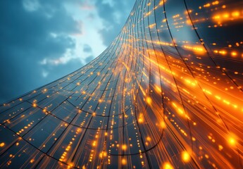 Poster - Abstract View of a Futuristic Building with Dynamic Light Trails and Cloudy Sky in the Background, Showcasing Modern Architecture and Technology
