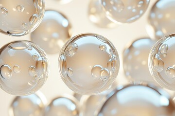 Poster - Transparent glass spheres with bubbles floating on light beige background