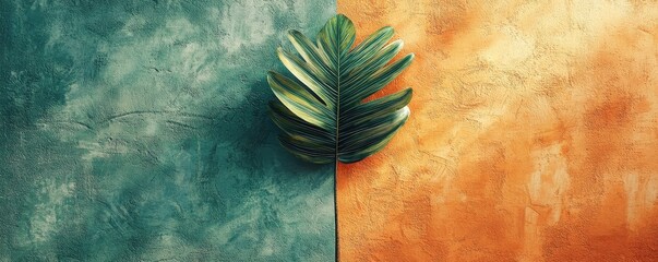 Poster - A vibrant palm leaf against contrasting teal and orange textured backgrounds.