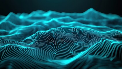 Poster - Abstract visualization of flowing waves in a digital landscape with glowing lines and contours, showcasing technology and creativity in motion