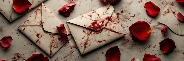 Aufkleber - Romantic letters scattered among rose petals create an enchanting atmosphere during evening setting. Generative AI