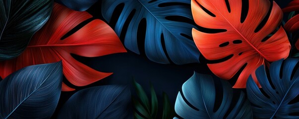Poster - Colorful tropical leaves arranged on a dark background, creating a vibrant contrast.
