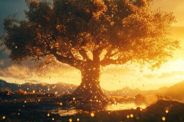 Leinwandbilder - Majestic tree illuminated by golden sunlight with sparkling leaves during sunset near distant mountains. Generative AI