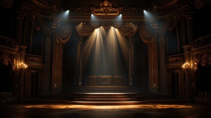 Poster - Elegant theater stage with dramatic lighting and ornate decor, showcasing empty performance area for theatrical productions or artistic events