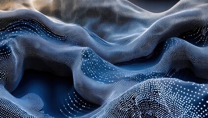 Poster - Abstract Waves of Dots in Blue and Silver, Creating Depth and Movement with Digital Patterns, Ideal for Technology and Design Backgrounds or Concepts