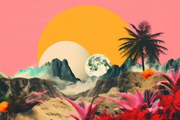 Wall Mural - collage retro dreamy of plant landscapes outdoors painting nature.