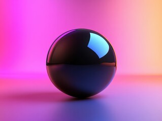 Poster - Black glossy sphere with vibrant gradient background showcasing a blend of purple and orange hues for artistic and creative design concepts