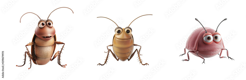 Three cartoon insects with distinct personalities stand side by side ...