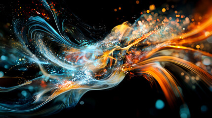 Aufkleber - Abstract illustration of dynamic, colorful, swirling energy in a futuristic style against a black background, with flowing lines and vibrant hues
