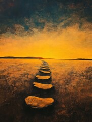 Aufkleber - Footsteps leading toward a vibrant sunset over a serene landscape in an abstract style. Generative AI