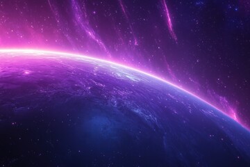 Wall Mural - Planet earth with purple glow, starry sky, and gradient from blue to violet