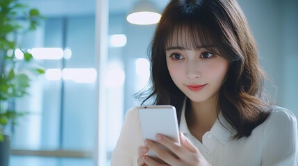 Poster - Young Attractive Woman Using Smartphone Modern Office Setting Casual Businesswoman Beautiful Girl Elegant Style Mobile Phone Technology Communication 