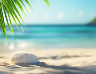 Poster - Beautiful summer background with white sand, blue sea, and palm leaves on the beach. Background for a vacation or travel concept.