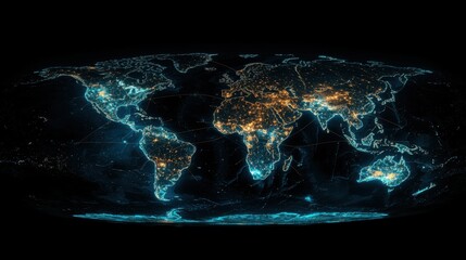 Fototapete - World trade network visualization with bright connecting lines linking continents on a dark digital background.