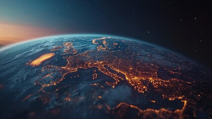 Poster - Worldwide business trade connections with neon-lit pathways on a 3D Earth.