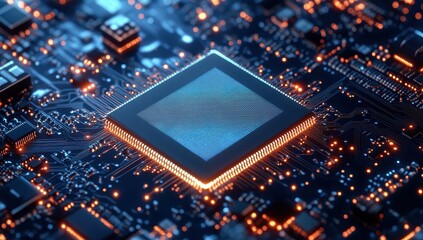 Poster - Close-up of a modern semiconductor chip on a computer circuit board illuminated by glowing lights and intricate electronic components in a technology concept