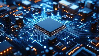 Poster - Close-up View of a Computer Circuit Board with Microprocessor, Electronic Components, and Blue LED Lights Illuminating the Technology Concept