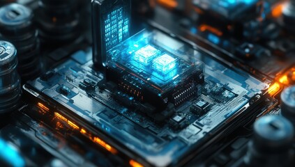 Aufkleber - Close-up View of a Futuristic Microprocessor on a Circuit Board with Blue Glow and Complex Components in a High-Tech Environment