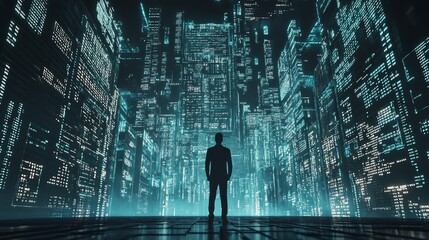 Poster - Silhouette Man Futuristic Cityscape Digital Art Neon Lights Abstract Background Modern Technology Business Concept Innovation Future Urban Scene      