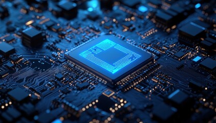 Poster - Close-Up View of a Microprocessor on a High-Tech Circuit Board Illuminated with Blue LED Lights for Technology and Innovation Themes