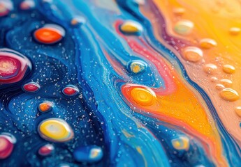 Poster - Colorful Abstract Fluid Art with Swirls, Bubbles, and Vivid Patterns in Blue and Orange Tones Capturing Motion and Depth in Artistic Expression