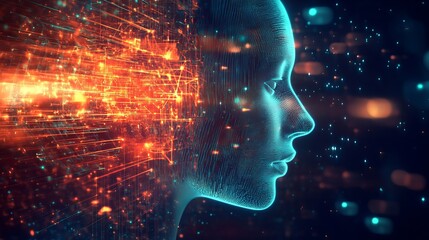 Poster - Abstract Digital Face Artificial Intelligence Network Orange Blue Technology Futuristic Cyberspace Modern Data Innovation Digital Art Concept Neural  