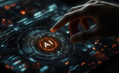 Aufkleber - Software engineer launching artificial intelligence program on futuristic interface
