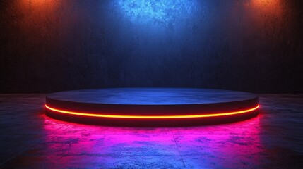 Wall Mural - neon circle podium in a dark room with colorful lights