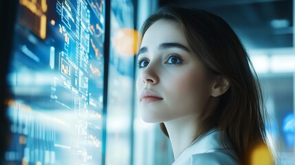 Poster - young woman studying futuristic digital interface screen data technology innovation modern business 