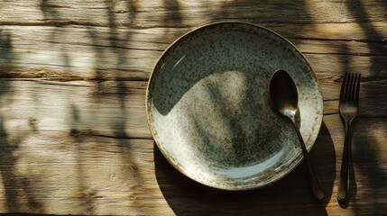 Aufkleber - Elegant table setting with a gray plate and utensils on a rustic wooden surface during natural light. Generative AI