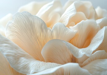 Poster - Delicate Close-Up of Creamy White Mushroom Gills Showcasing Intricate Textures and Natural Elegance in Soft Natural Light