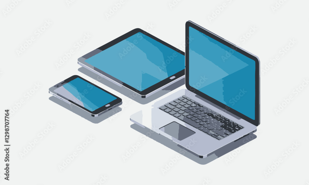 A modern vector-style isometric illustration of three electronic devices, a smartphone, a tablet, and a laptop, all with bright blue screens. easily editable
