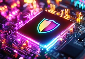 Poster - Digital Security Chip with Colorful Circuit Board Background for Cybersecurity and Technology Themes in Modern Computing Environments