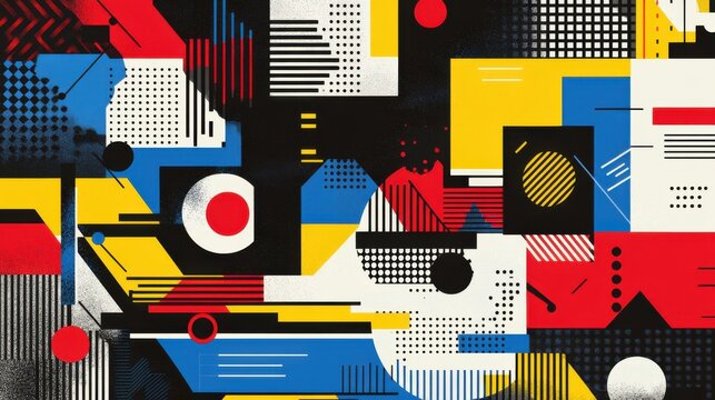 Abstract geometric designs with vibrant postmodern symbols and deconstructed shapes, ideal for high-tech prints and poster art