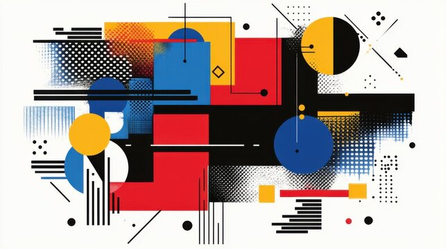 Abstract geometric designs with vibrant postmodern symbols and deconstructed shapes, ideal for high-tech prints and poster art