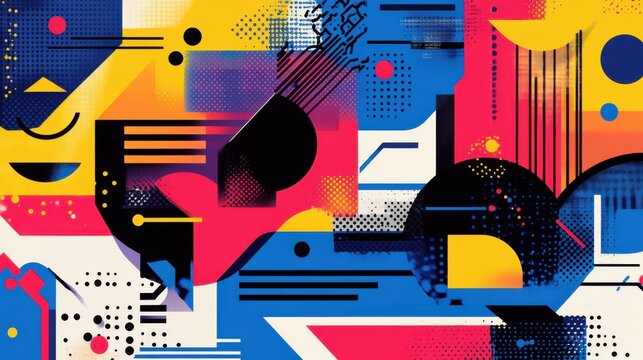 Abstract geometric designs with vibrant postmodern symbols and deconstructed shapes, ideal for high-tech prints and poster art
