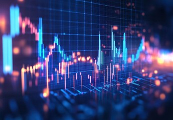 Poster - Dynamic data visualization showcasing an abstract financial chart with vibrant colors and glowing effects against a dark background for stock market analysis
