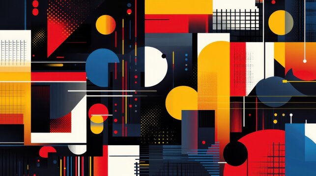 Abstract geometric designs with vibrant postmodern symbols and deconstructed shapes, ideal for high-tech prints and poster art