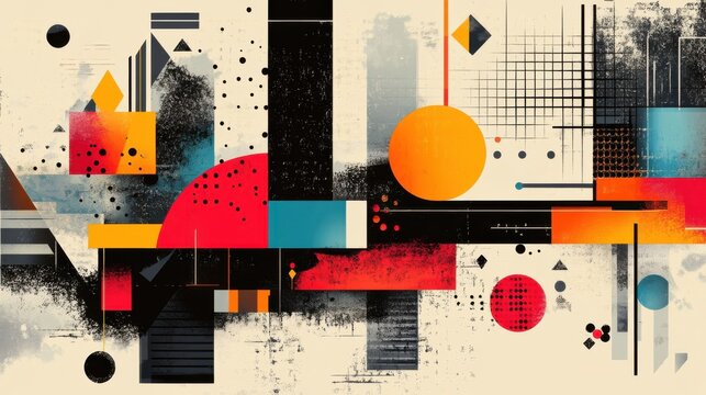 Abstract geometric designs with vibrant postmodern symbols and deconstructed shapes, ideal for high-tech prints and poster art