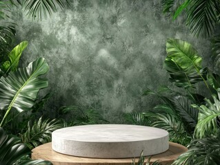 Poster - Elegant circular pedestal in lush green foliage with textured backdrop, perfect for product display, photo shoots, and creative projects