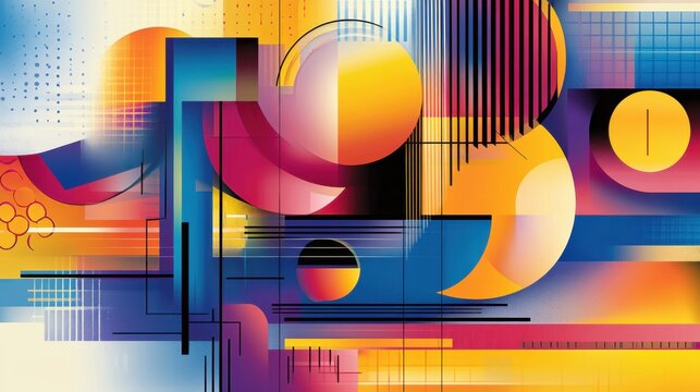 Abstract geometric designs with vibrant postmodern symbols and deconstructed shapes, ideal for high-tech prints and poster art